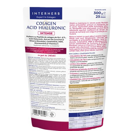 Pulbere cu peptide de colagen si acid hialuronic Intense, 300 g, Interherb 709746