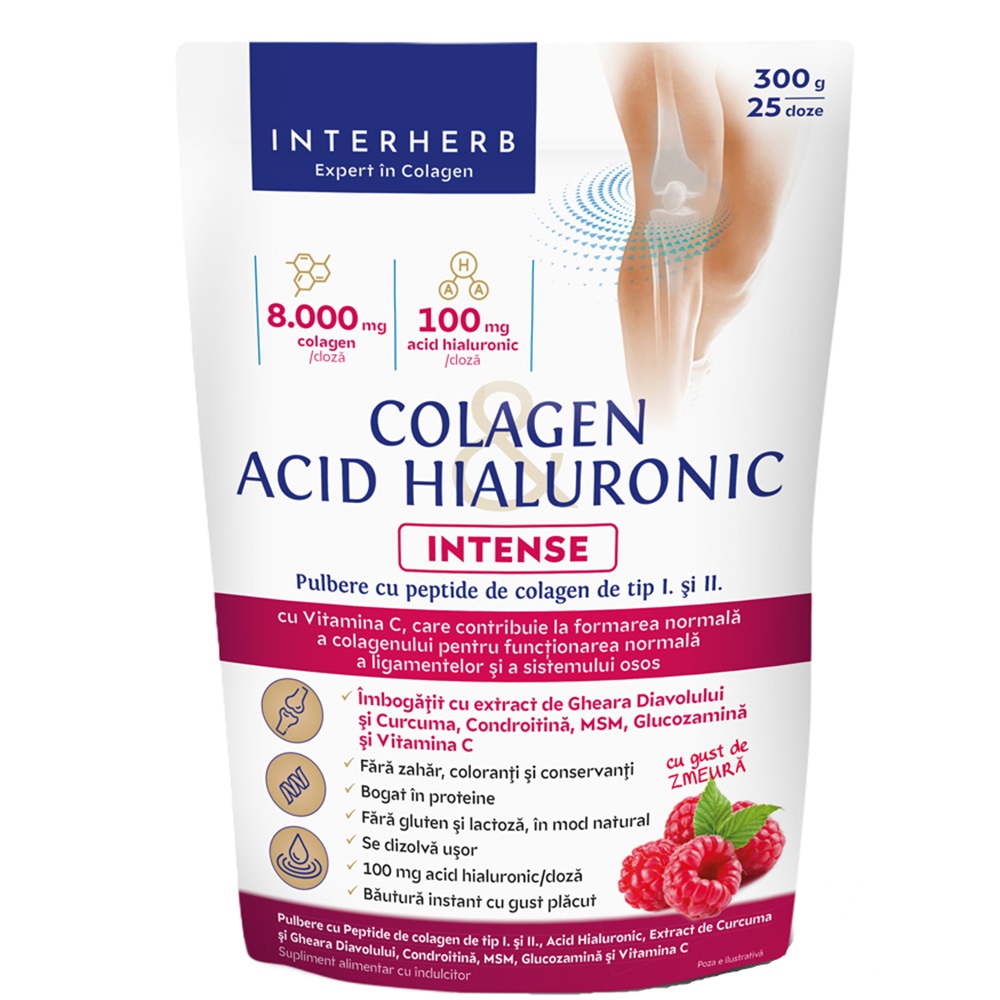 Pulbere cu peptide de colagen si acid hialuronic Intense, 300 g, Interherb