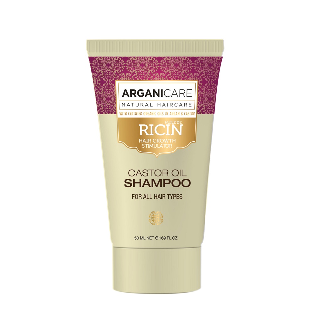Sampon cu ulei de ricin pentru stimularea cresterii parului travel size Castor Oil, 50 ml, Arganicare