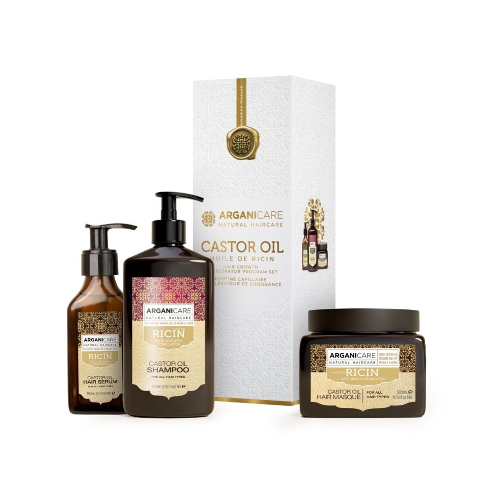 Set Sampon+Masca+Ser cu ulei de ricin Castor Oil, 500 ml+400 ml+100 ml, Arganicare