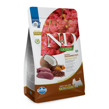 Hrana uscata cu vanat si quinoa pentru caini N&D Quinoa Mini Skin & Coat, 2.5 Kg, Farmina