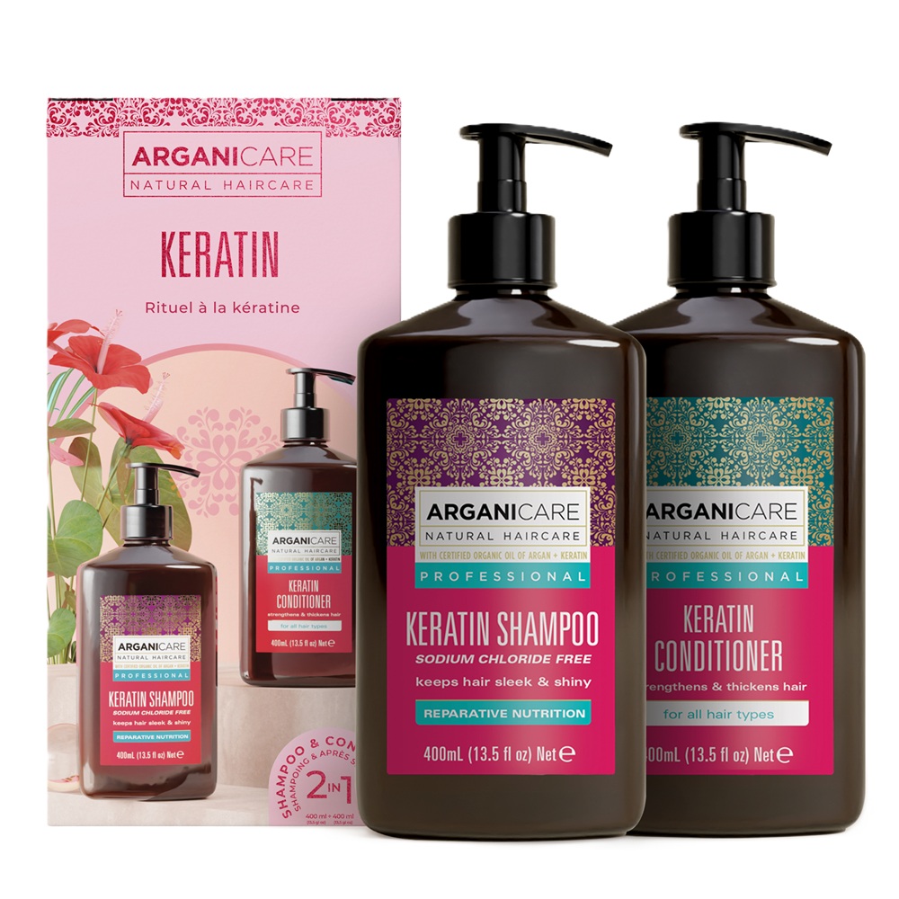 Set Sampon reparator si nutritiv cu Keratina, 400 ml+Balsam fortifiant si nutritiv cu Keratina, 400 ml, Arganicare