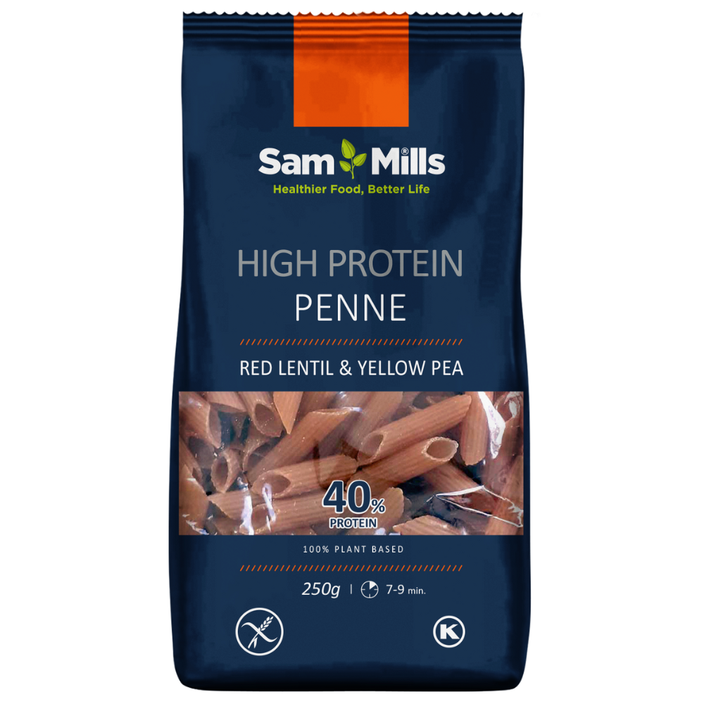 Paste penne din linte rosie si mazare galbena High Protein, 250 g, Sam Mills