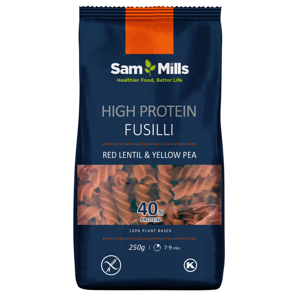 Paste fusilli din linte rosie si mazare galbena High Protein, 250 g, Sam Mills