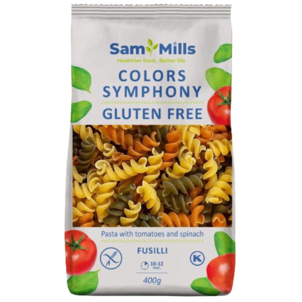 Paste fusilli din porumb cu faina din rosii și spanac, 400 g, Sam Mills