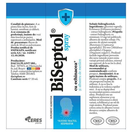 Biseptol Spray cu Albastru de Metilen si Echinacea, 20 ml, Dacia Plant 729285