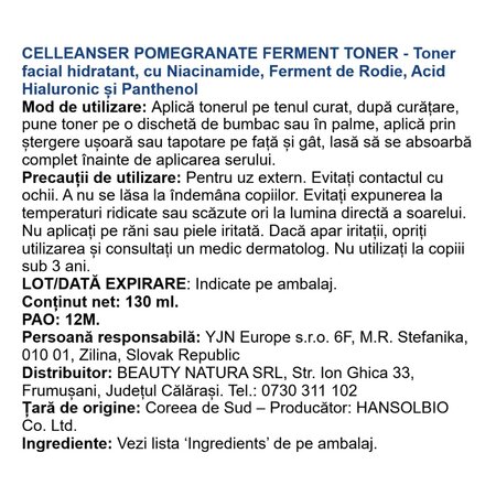 Toner hidratant si iluminator Pomegranate Ferment, 130 ml, Celleanser 734438
