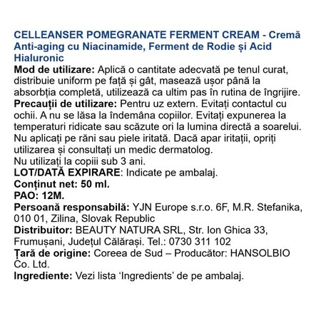 Crema antirid cu extract de rodie Pomegranate Ferment, 50 ml, Celleanser 734440