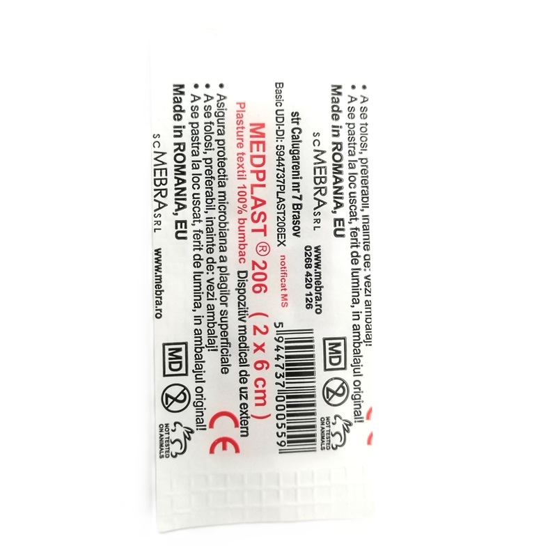 Plasture textil 100% bumbac Medplast 206 (2x6cm), 1 bucata, Mebra