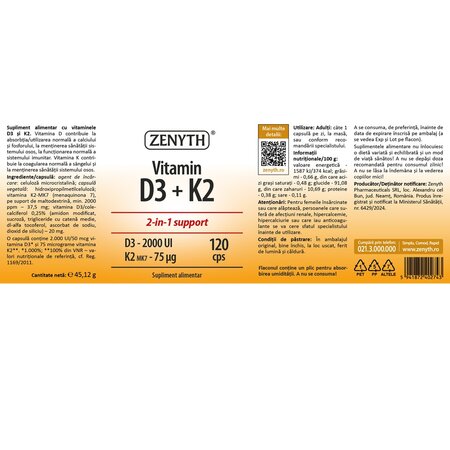 Vitamin D3 + K2, 120 capsule, Zenyth Pharmaceuticals 702768