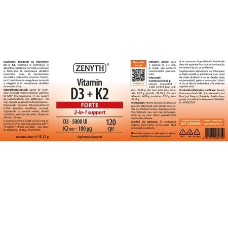 Vitamin D3 + K2 Forte, 120 capsule, Zenyth Pharmaceuticals 702590