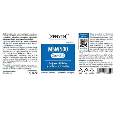 Pachet MSM, 500 mg, 60 capsule + 60 capsule, Zenyth : Farmacia Tei