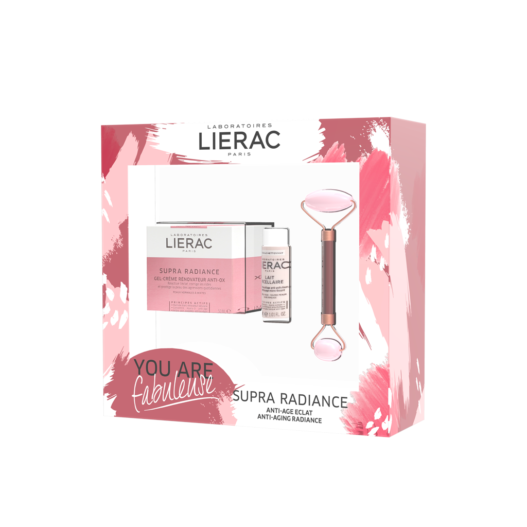 Pachet Gel-crema pentru ten normal-mixt Supra Radiance, 50 ml + Lapte micelar demachiant pentru fata si ochi, 30 ml + Perie masaj facial, Lierac