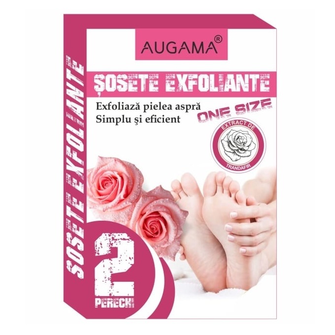 Sosete exfoliante cu trandafir pentru talpi, 2 perechi, Augama