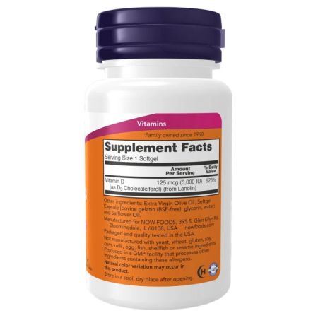 Vitamina D3, 5000 IU, 120 gelule moi, Now Foods 671847