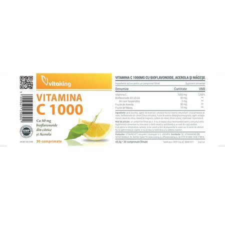 Vitamina C cu bioflavonoide, acerola si macese, 1000 mg, 30 comprimate, Vitaking 704467