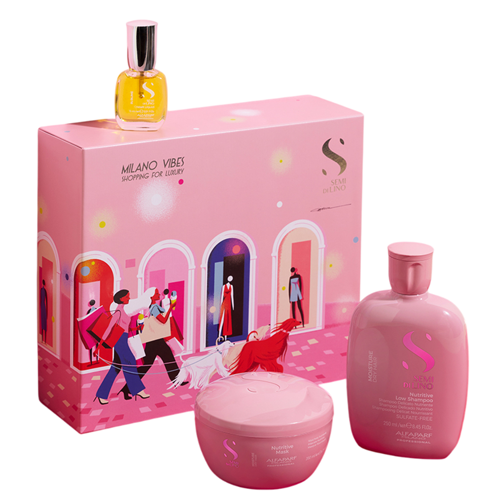 Kit Sampon hidratant Moisture Nutritive 250 ml + Masca de par hidratanta Moisture Nutritive 200 ml + Fluid pentru par Cristalli Liquidi 15 ml, Alfaparf