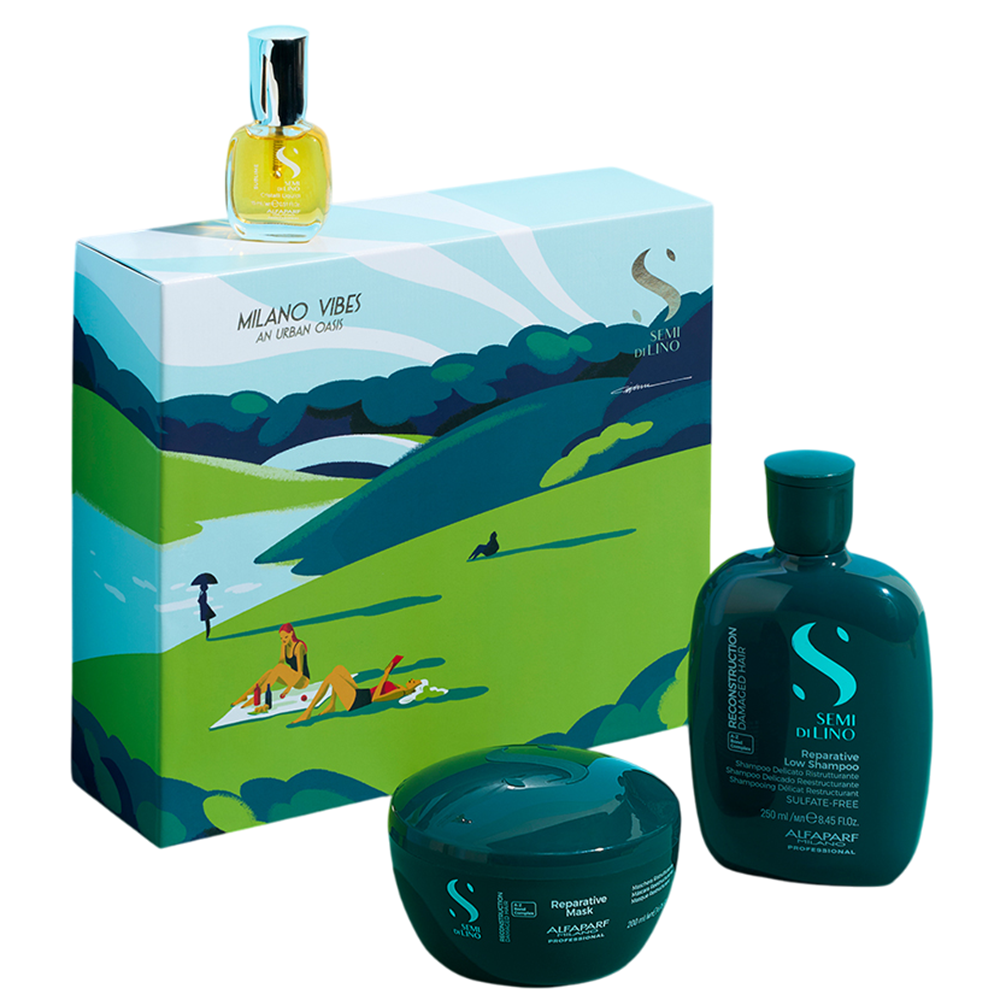 Kit Sampon reparator Reconstruction Reparative 250 ml + Masca de par reparatoare Reconstruction Reparative 200 ml + Fluid pentru par Cristalli Liquidi 15 ml, Alfaparf