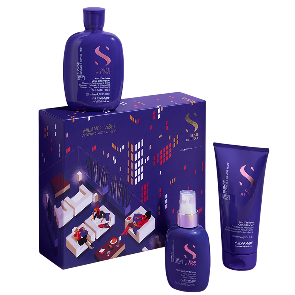 Kit Sampon pentru par blond 250 ml + Balsam pentru par blond + Spray pentru par blond 125 ml Anti-Yellow, Alfaparf