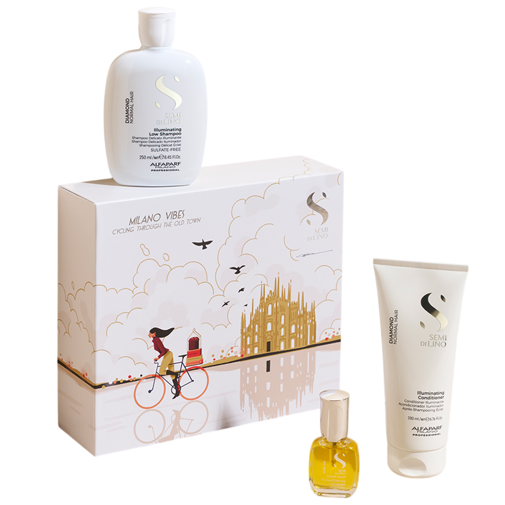Kit Sampon pentru stralucirea parului Diamond Illuminating 250 ml + Balsam pentru stralucirea parului Diamond Illuminating 200 ml + Fluid pentru par Cristalli Liquidi 15 ml, Alfaparf