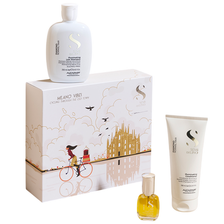 Kit Sampon pentru stralucirea parului Diamond Illuminating 250 ml + Balsam pentru stralucirea parului Diamond Illuminating 200 ml + Fluid pentru par Cristalli Liquidi 15 ml, Alfaparf