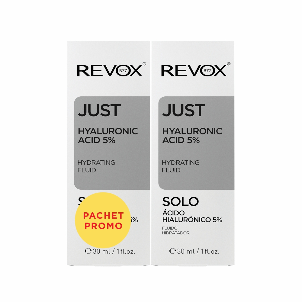 Pachet Fluid hidratant cu 5% acid hialuronic Just, 30 + 30 ml, Revox