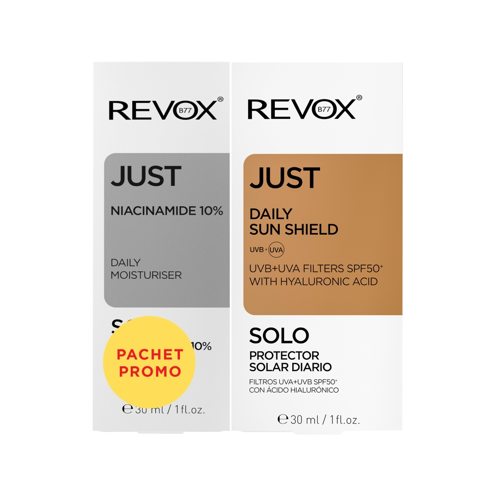 Pachet Serum hidratant cu 10% niacinamide 30 ml + Crema de zi cu protectie solara SPF50 si acid hialuronic 30 ml Just, Revox