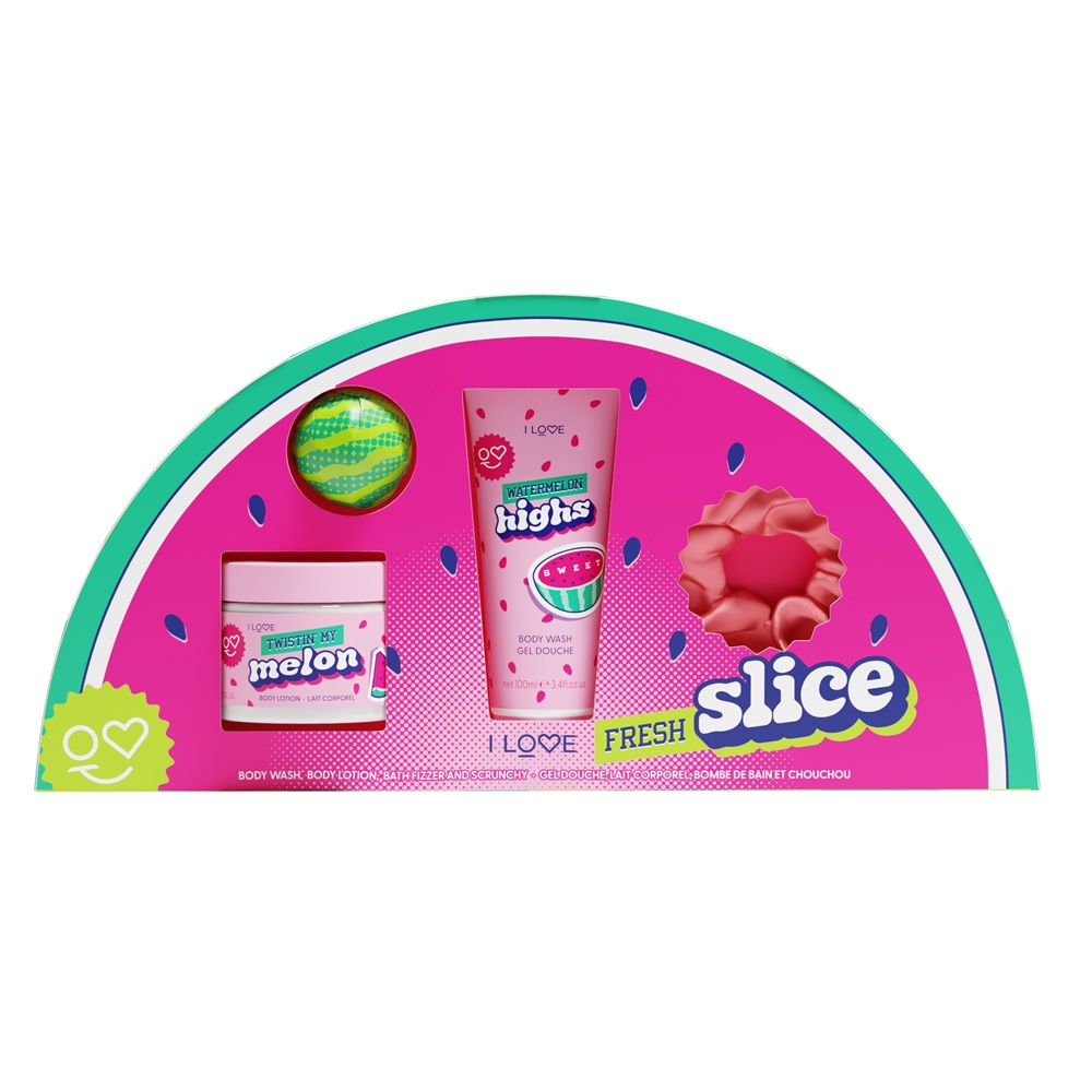 Set gel de dus 100ml + lotiune de corp 150ml + bomba de baie efervescenta 50g + elastic de par Fresh Slice, I Love