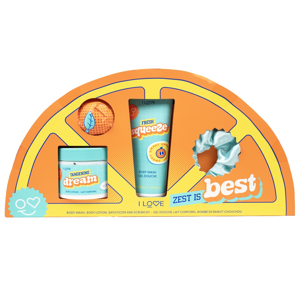 Set gel de dus 100ml + lotiune de corp 150ml + bomba de baie efervescenta 50g + elastic de par Zest is Best, I Love