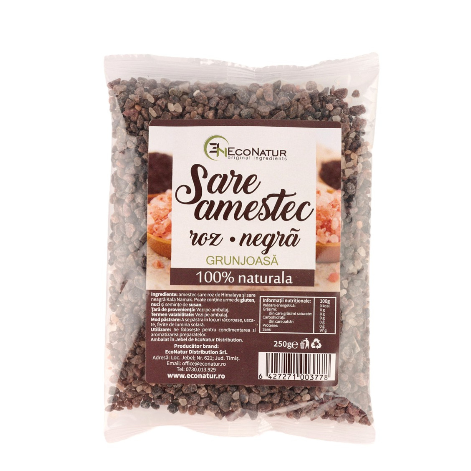 Amestec de sare neagra Kala Namak si roz Himalaya grunjoasa, 250 g, EcoNatur