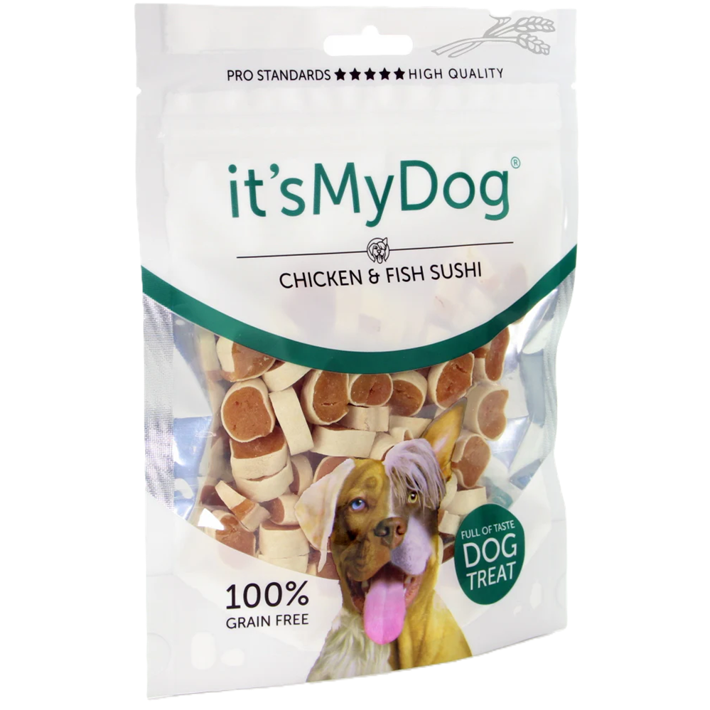 Recompense sub forma de sushi cu pui si peste pentru caini It'S My Dog, 85 g, Natural Health