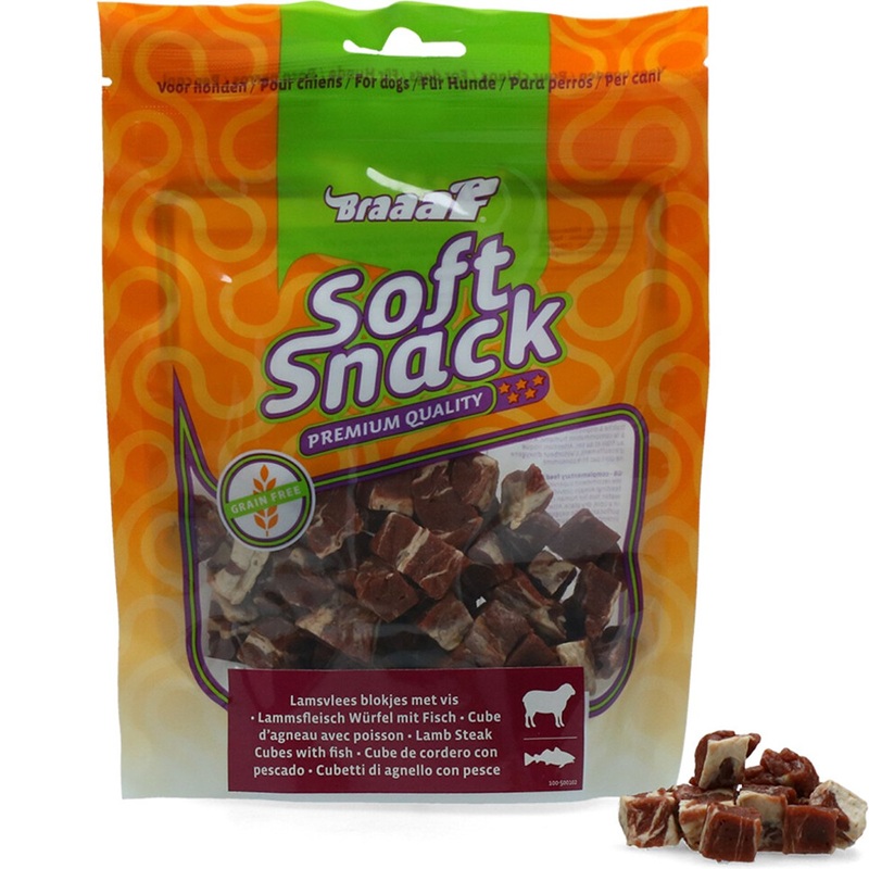 Recompense pentru caini cuburi cu miel si peste, 85 g, Braaaf
