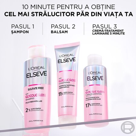 Pachet Glycolic Gloss Sampon, 200 ml + Balsam, 150 ml + Crema-tratament, 200 ml, Elseve 673706