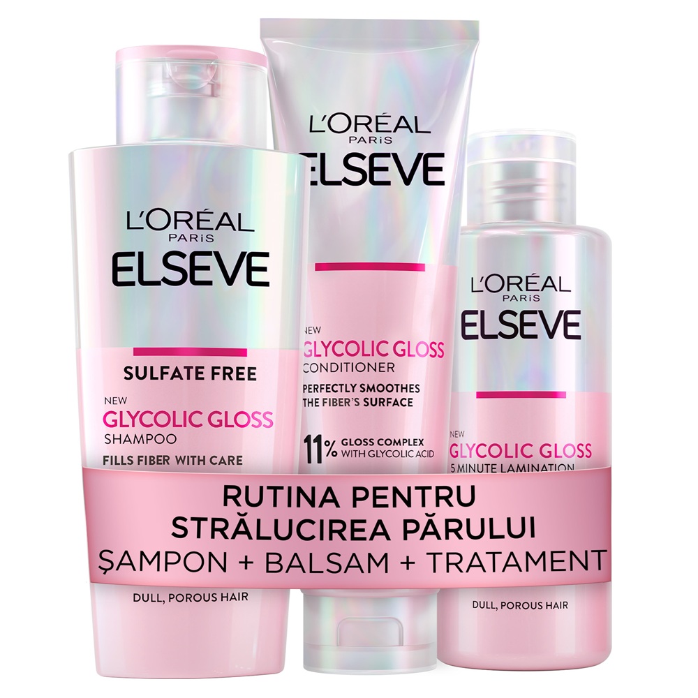 Pachet Glycolic Gloss Sampon, 200 ml + Balsam, 150 ml + Crema-tratament, 200 ml, Elseve