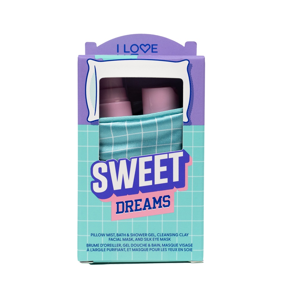 Set gel de baie 40ml + spray pentru perna 40ml + masca de fata cu argila 10g + masca pentru somn Sweet Dreams, I Love