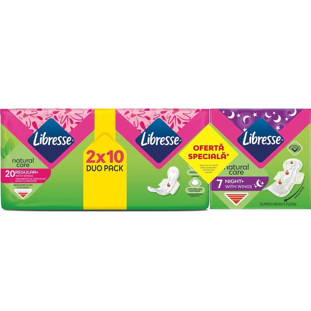 Pachet Absorbante Natural Care Maxi Night 7 bucati + Absorbante Natural Care Duo 20 bucati, Libresse