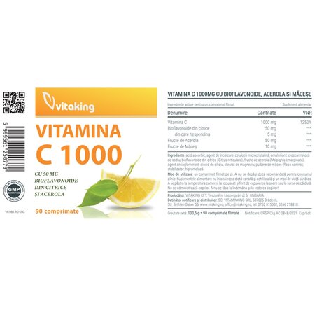 Vitamina C cu bioflavonoide, acerola si macese, 1000 mg, 90 tablete, Vitaking 713931