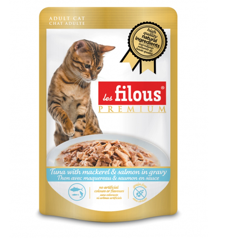 Hrana umeda cu ton, macrou si somon in sos pentru pisici, 80 g, Les Filous