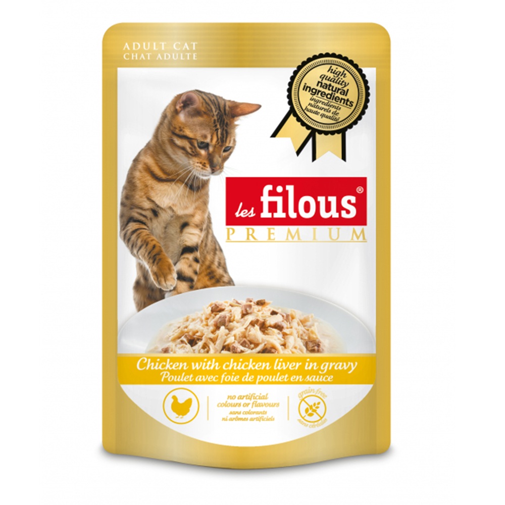 Hrana umeda cu pui si ficat de pui in sos pentru pisici, 80 g, Les Filous