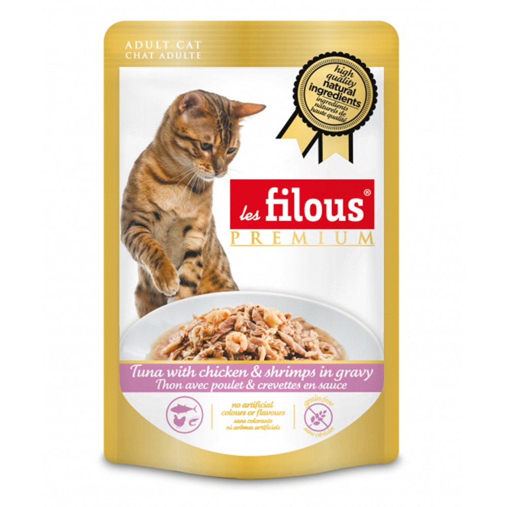 Hrana umeda cu ton, pui si creveti in sos pentru pisici, 80 g, Les Filous