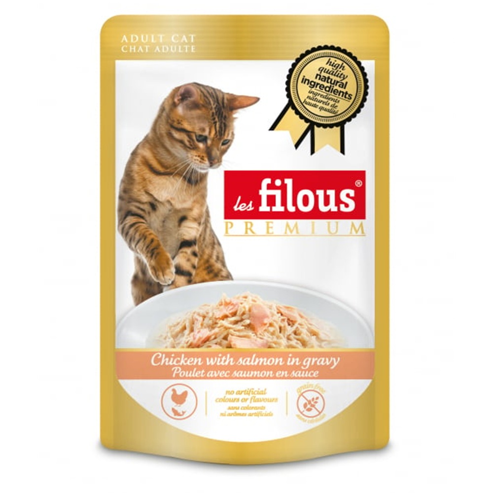 Hrana umeda cu pui si somon in sos pentru pisici, 80 g, Les Filous