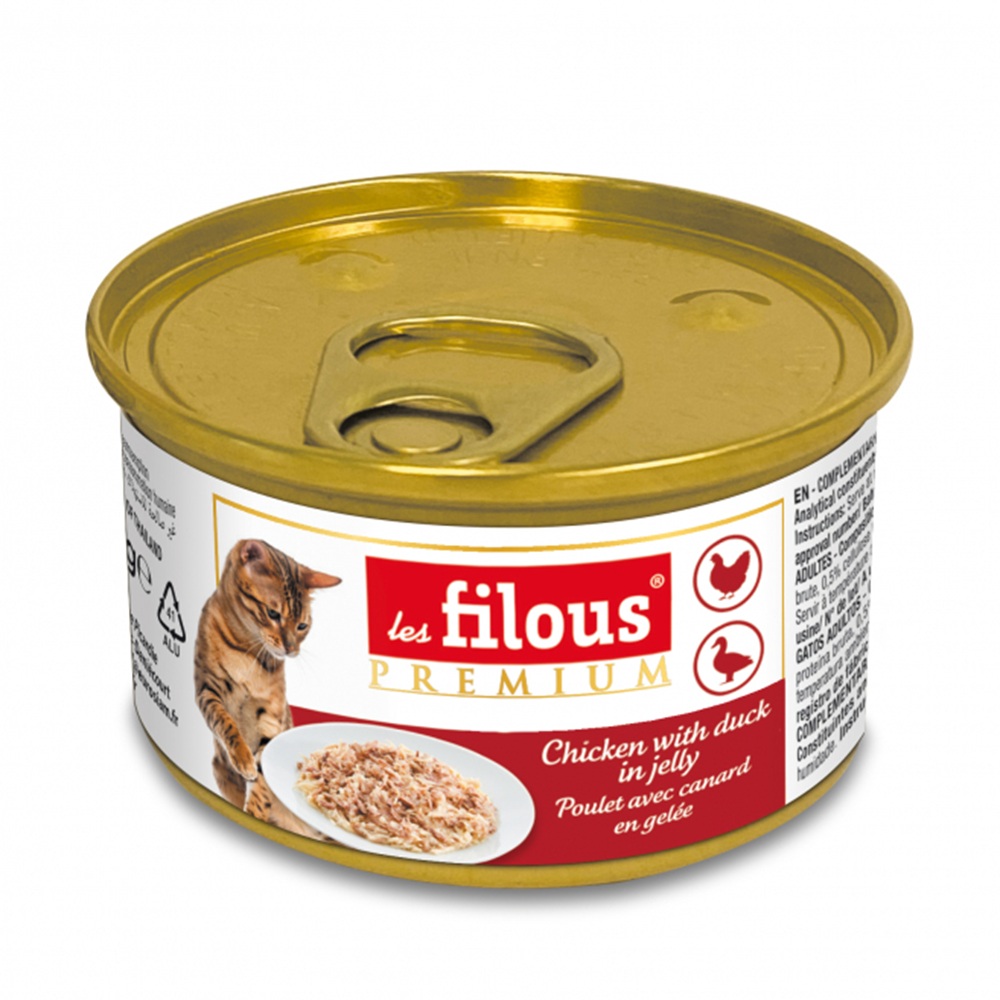 Hrana umeda cu pui si rata in aspic pentru pisici, 85 g, Les Filous