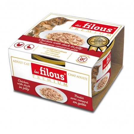 Hrana umeda cu pui si rata in aspic pentru pisici, 85 g, Les Filous 673999