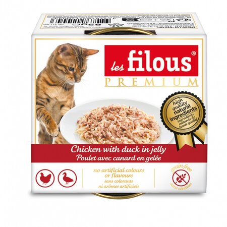 Hrana umeda cu pui si rata in aspic pentru pisici, 85 g, Les Filous 674000