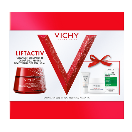 Pachet Crema de zi Liftactiv Collagen Specialist 16, 50 ml + Crema de noapte Liftactiv Collagen Specialist 16, 15 ml + Fluid cu SPF 50+ Capital Soleil, 3 ml + Sampon anti-matreata Dercos, 6 ml, Vichy 674404
