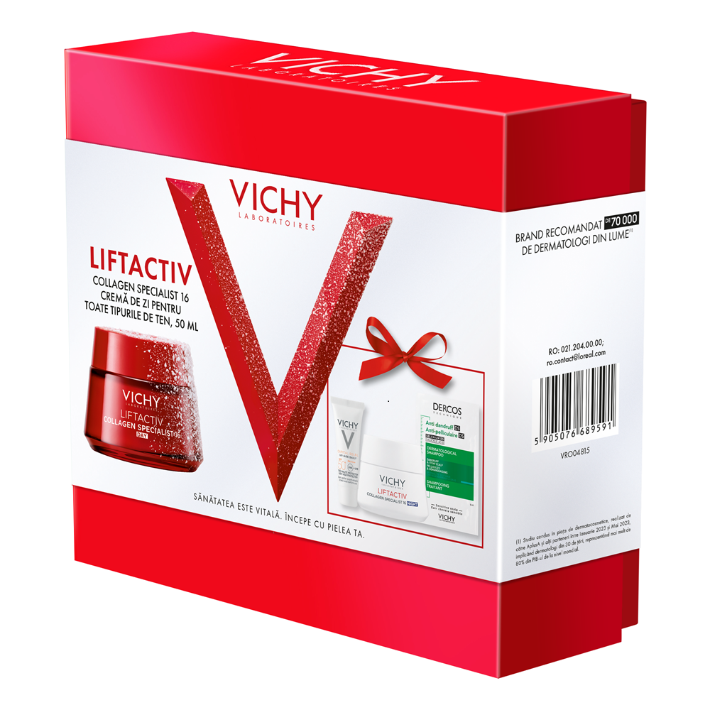Pachet Crema de zi Liftactiv Collagen Specialist 16, 50 ml + Crema de noapte Liftactiv Collagen Specialist 16, 15 ml + Fluid cu SPF 50+ Capital Soleil, 3 ml + Sampon anti-matreata Dercos, 6 ml, Vichy