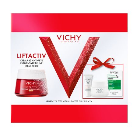 Pachet Crema cu SPF 50 Liftactiv Pigment Specialist B3, 50 ml + Crema de noapte Liftactiv Pigment Specialist B3, 15 ml + Fluid cu SPF 50+ Capital Soleil, 3 ml + Sampon anti-matreata Dercos, 6 ml, Vichy 674408