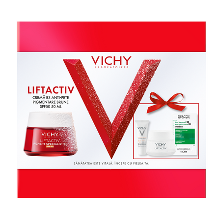 Pachet Crema cu SPF 50 Liftactiv Pigment Specialist B3, 50 ml + Crema de noapte Liftactiv Pigment Specialist B3, 15 ml + Fluid cu SPF 50+ Capital Soleil, 3 ml + Sampon anti-matreata Dercos, 6 ml, Vichy 674408