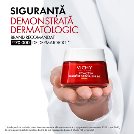 Pachet Crema cu SPF 50 Liftactiv Pigment Specialist B3, 50 ml + Crema de noapte Liftactiv Pigment Specialist B3, 15 ml + Fluid cu SPF 50+ Capital Soleil, 3 ml + Sampon anti-matreata Dercos, 6 ml, Vichy 676148