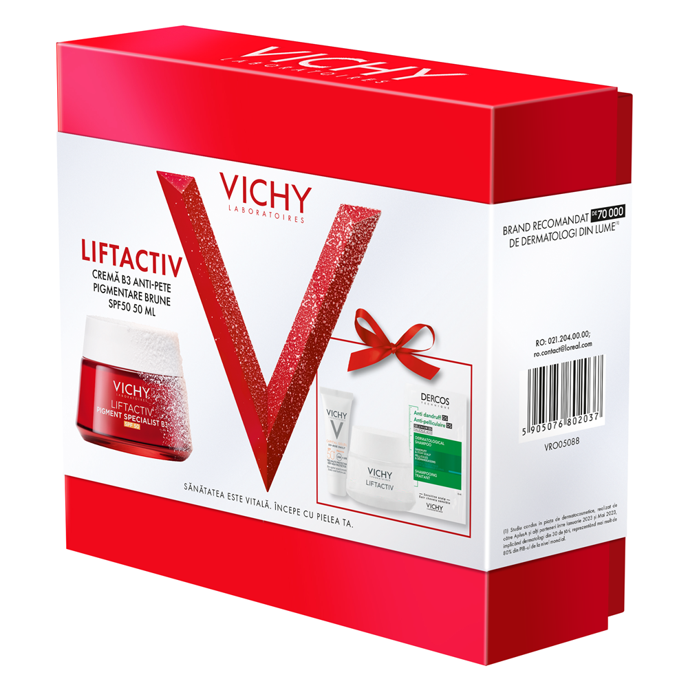 Pachet Crema cu SPF 50 Liftactiv Pigment Specialist B3, 50 ml + Crema de noapte Liftactiv Pigment Specialist B3, 15 ml + Fluid cu SPF 50+ Capital Soleil, 3 ml + Sampon anti-matreata Dercos, 6 ml, Vichy